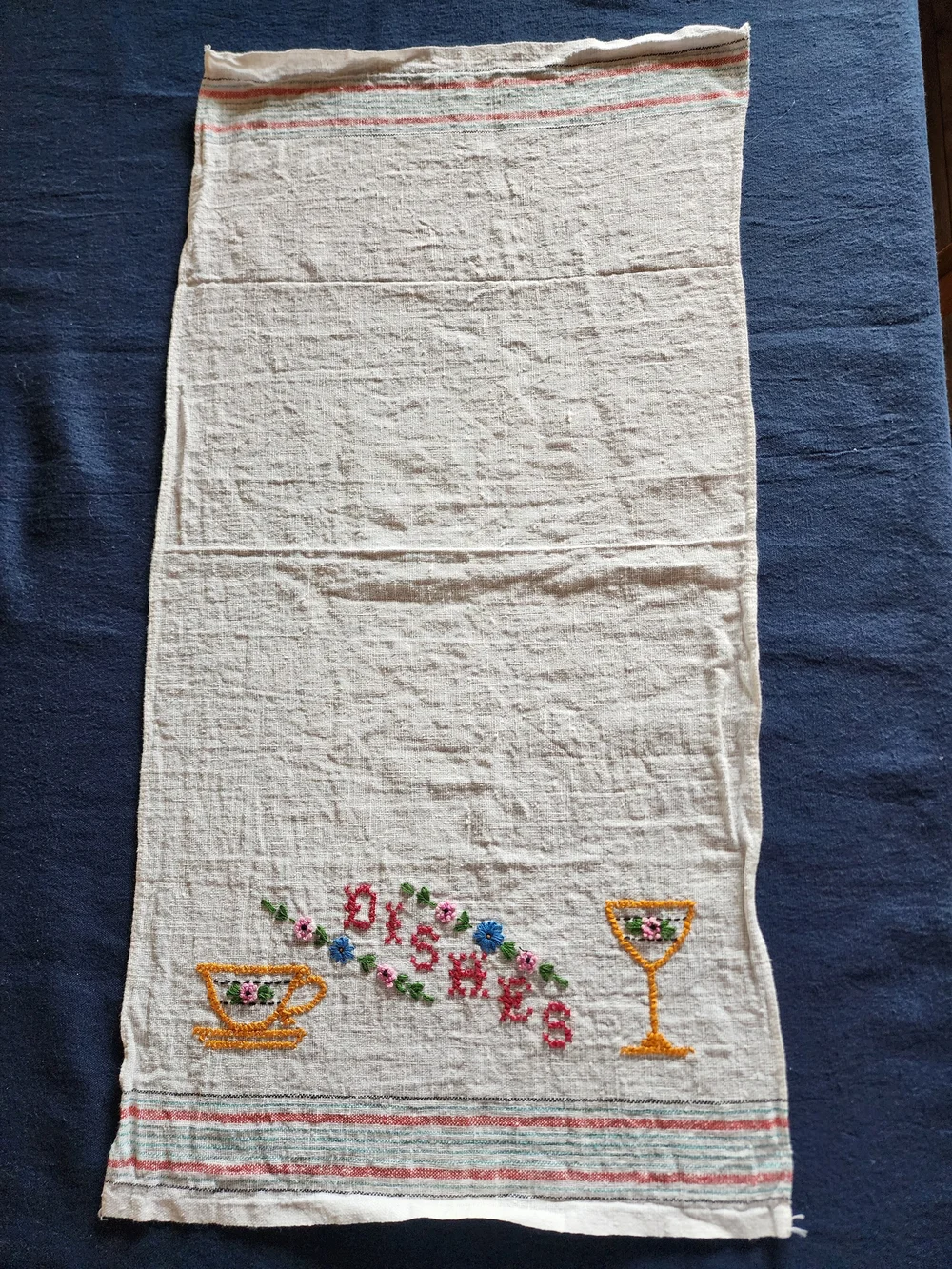 Vintage Cream Kitchen Towel with Multicolor Embroidery